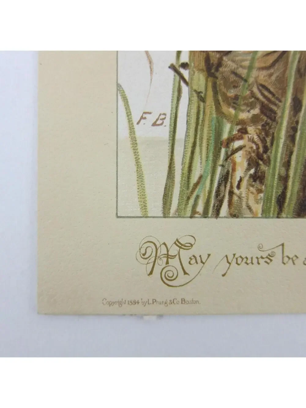 Victorian Easter Greeting Card Birds Nest in Cattails Yellow Green Antique 1884